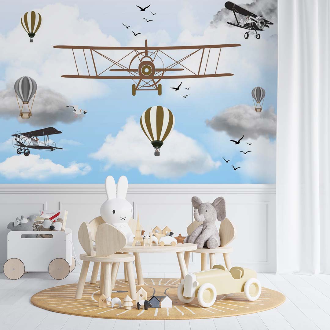 Kids Wall Mural Vintage Airplane Sky Hot Air Ballons Wallpaper for Kids