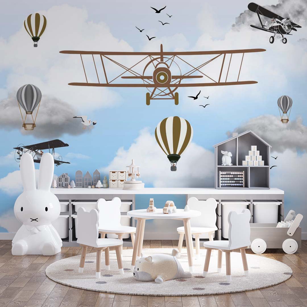 Kids Wall Mural Vintage Airplane Sky Hot Air Ballons Wallpaper for Kids