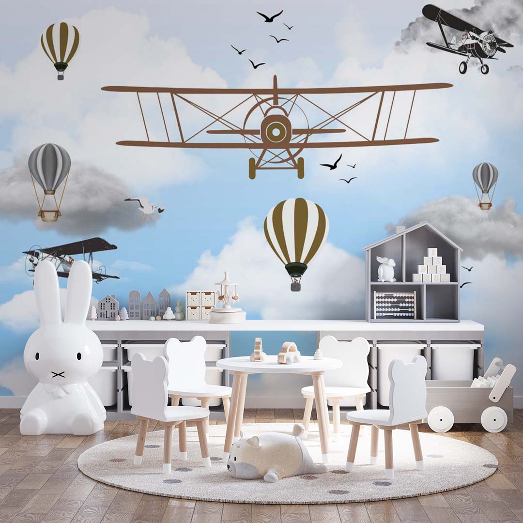 Custom Kids Wall Mural Vintage Airplane Sky Hot Air Ballons Wallpaper for Kids