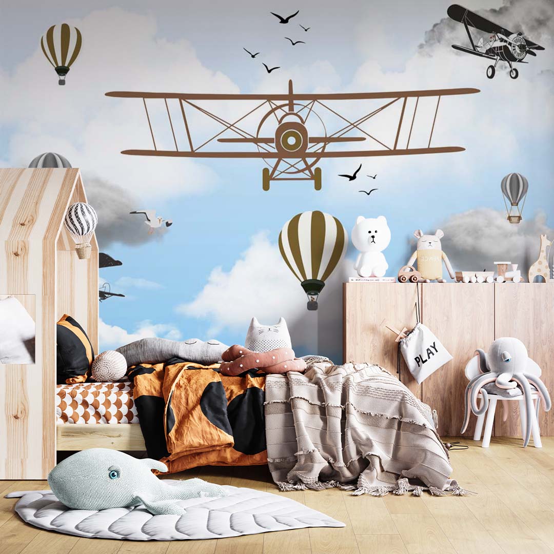 Kids Wall Mural Vintage Airplane Sky Hot Air Ballons Wallpaper for Kids