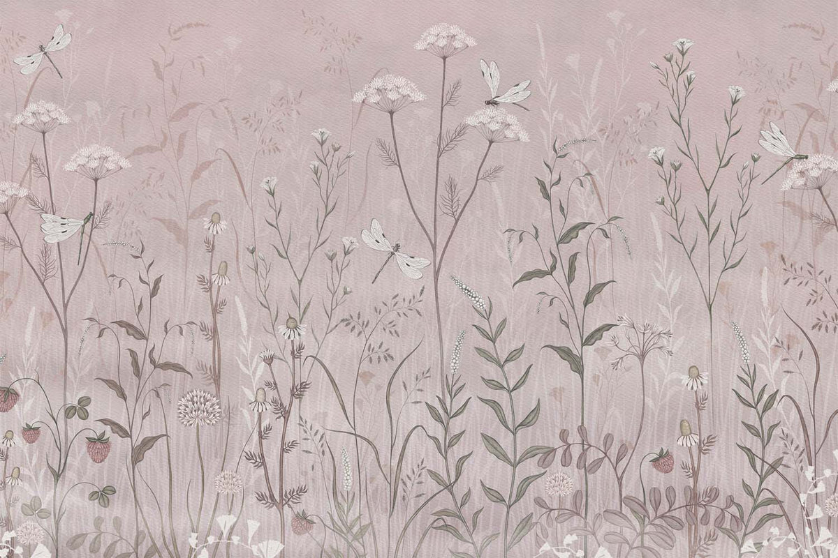 Papier peint fleurs sauvages mauves – Panoramique prairie délicate sur vieux rose