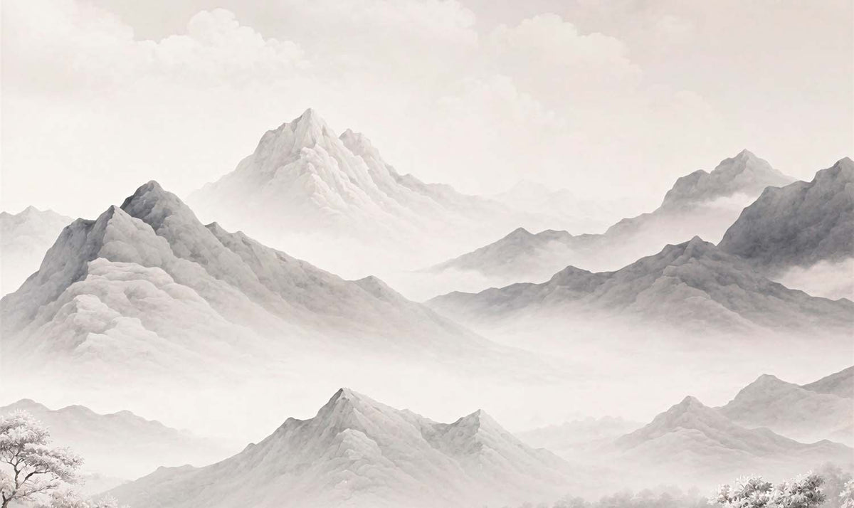 Grijze inktbergen behang – nevelige toppen landschap fotobehang