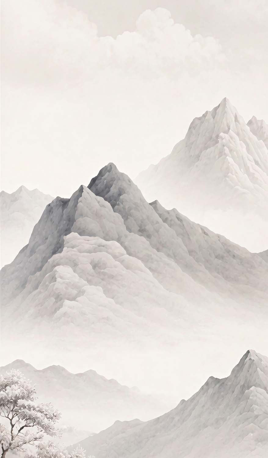Grijze bergtoppen behang – verticaal nevelig inktlandschap fotobehang