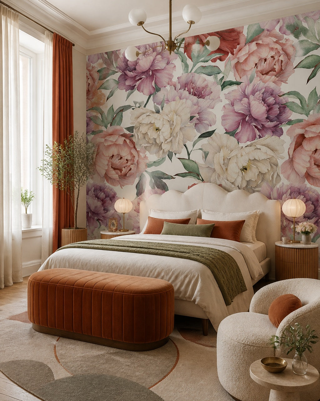 Multicolor peony wallpaper in a designer bedroom.
