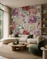 Multicolor peony wallpaper in a designer living room.