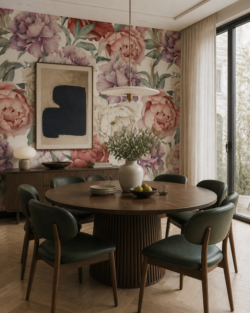 Multicolor peony wallpaper in a refined dining area.
