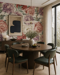 Multicolor peony wallpaper in a refined dining area.