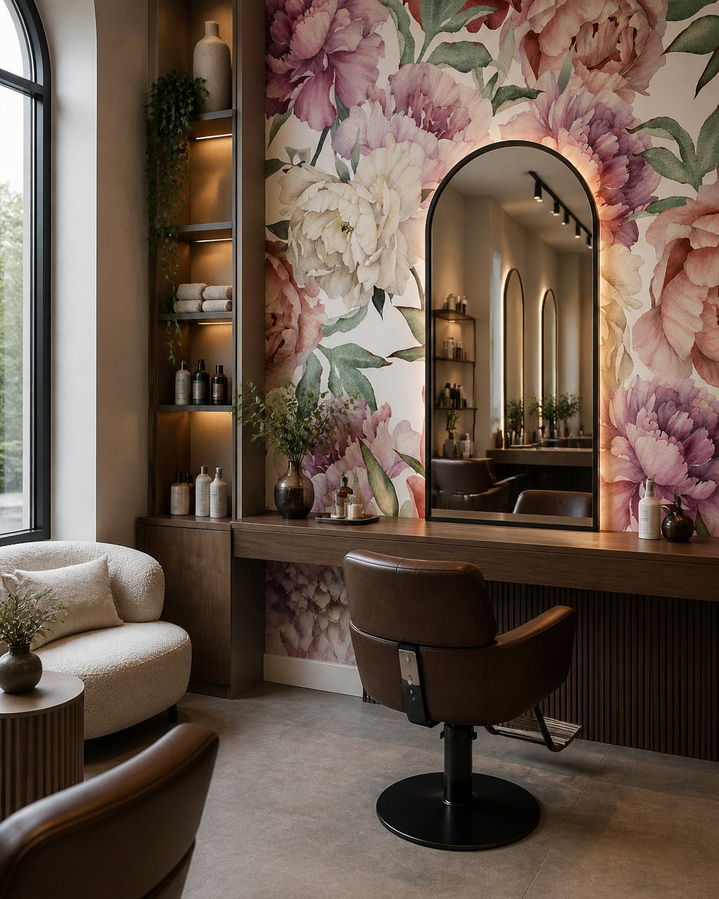Multicolor peony wallpaper in a beauty salon.