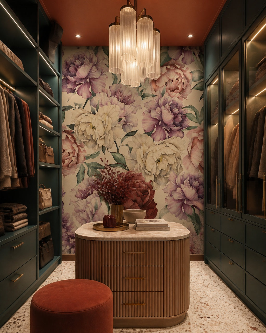 Multicolor peony wallpaper in a walk-in wardrobe.