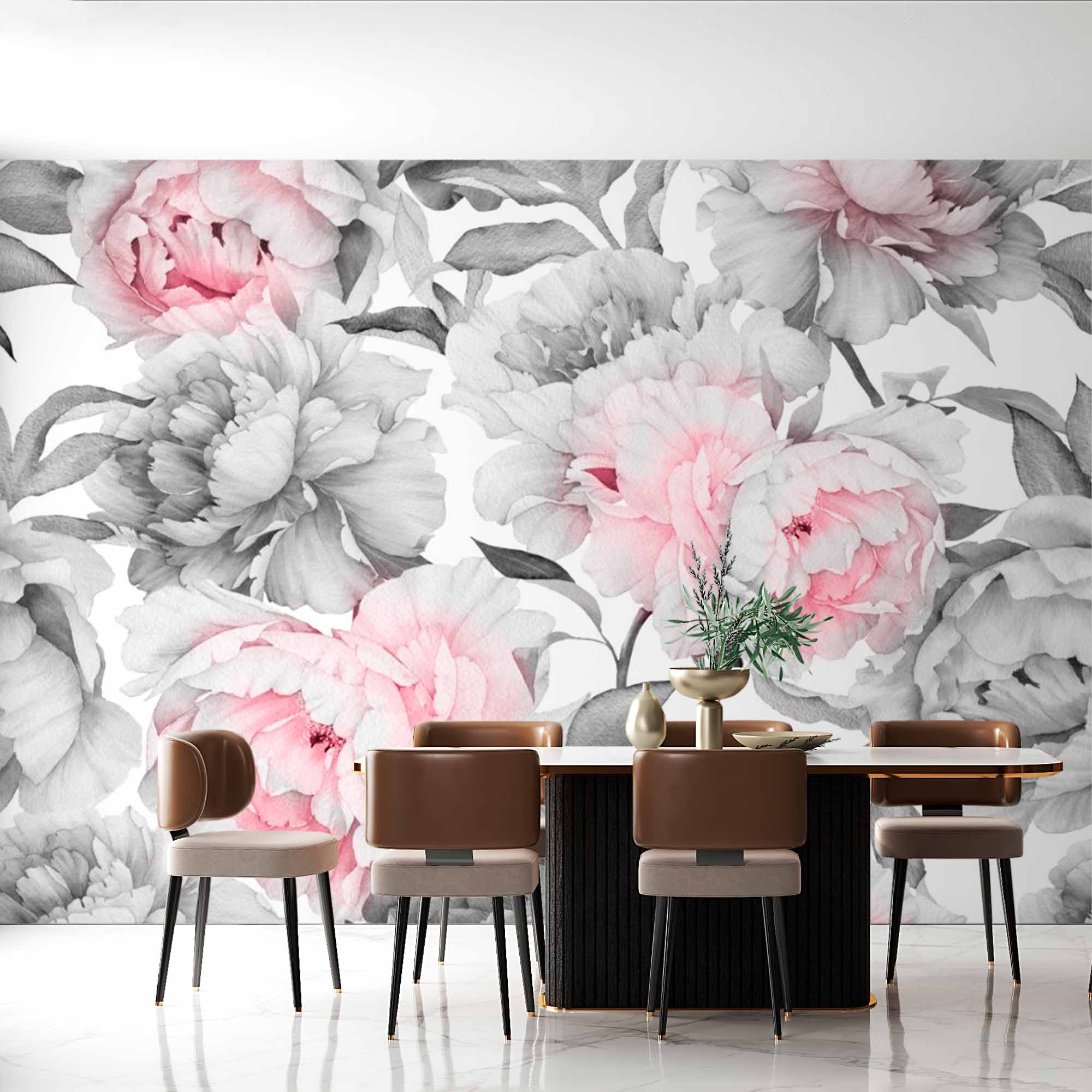 Elegant Peony Mural Wallpaper - Soft Pink and Grey Floral Design