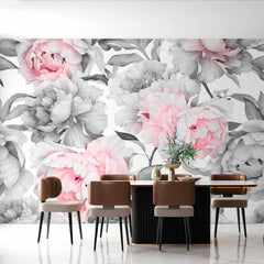 Custom Elegant Peony Mural Wallpaper - Soft Pink and Grey Floral Design