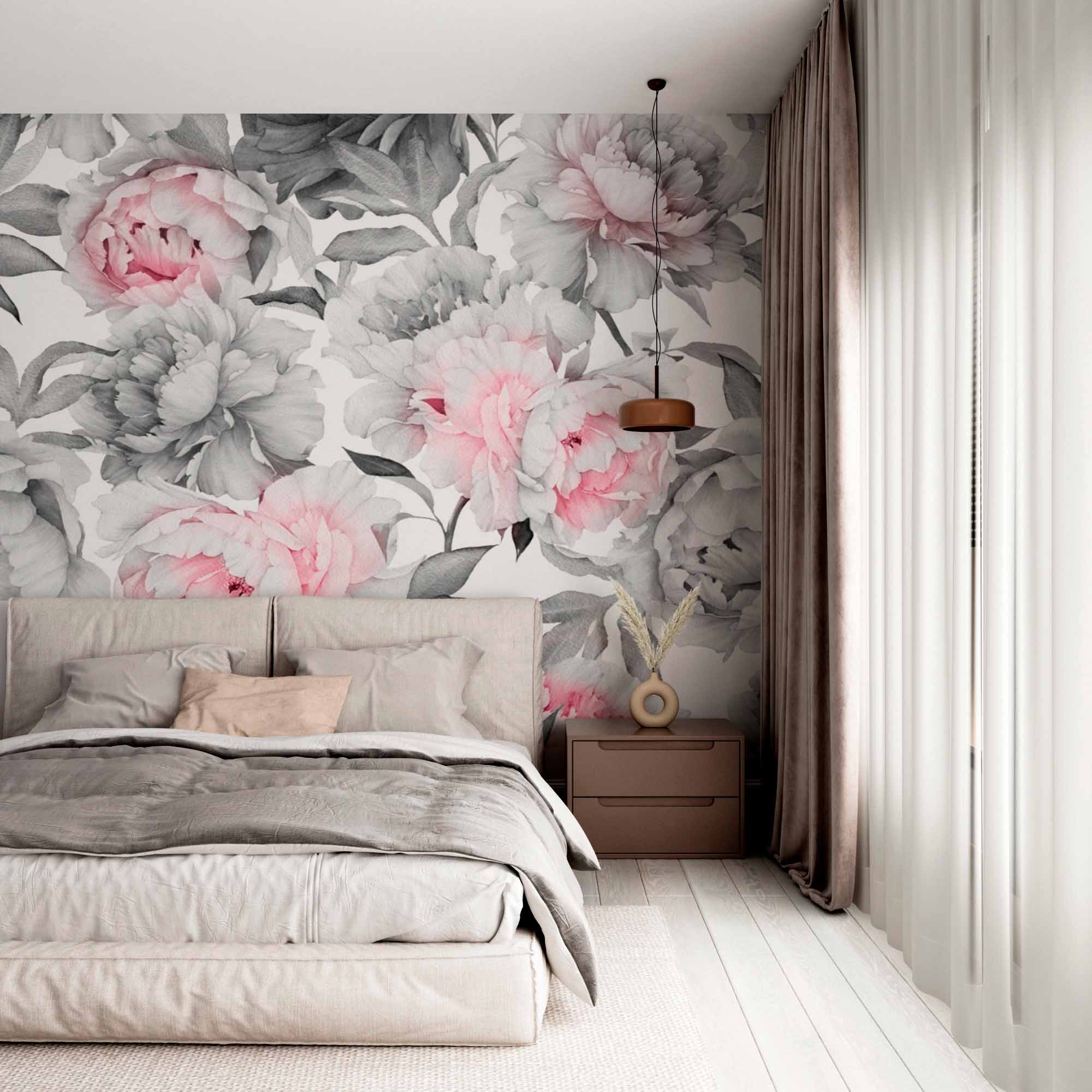 Elegant Peony Mural Wallpaper - Soft Pink and Grey Floral Design