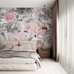 Custom Elegant Peony Mural Wallpaper - Soft Pink and Grey Floral Design