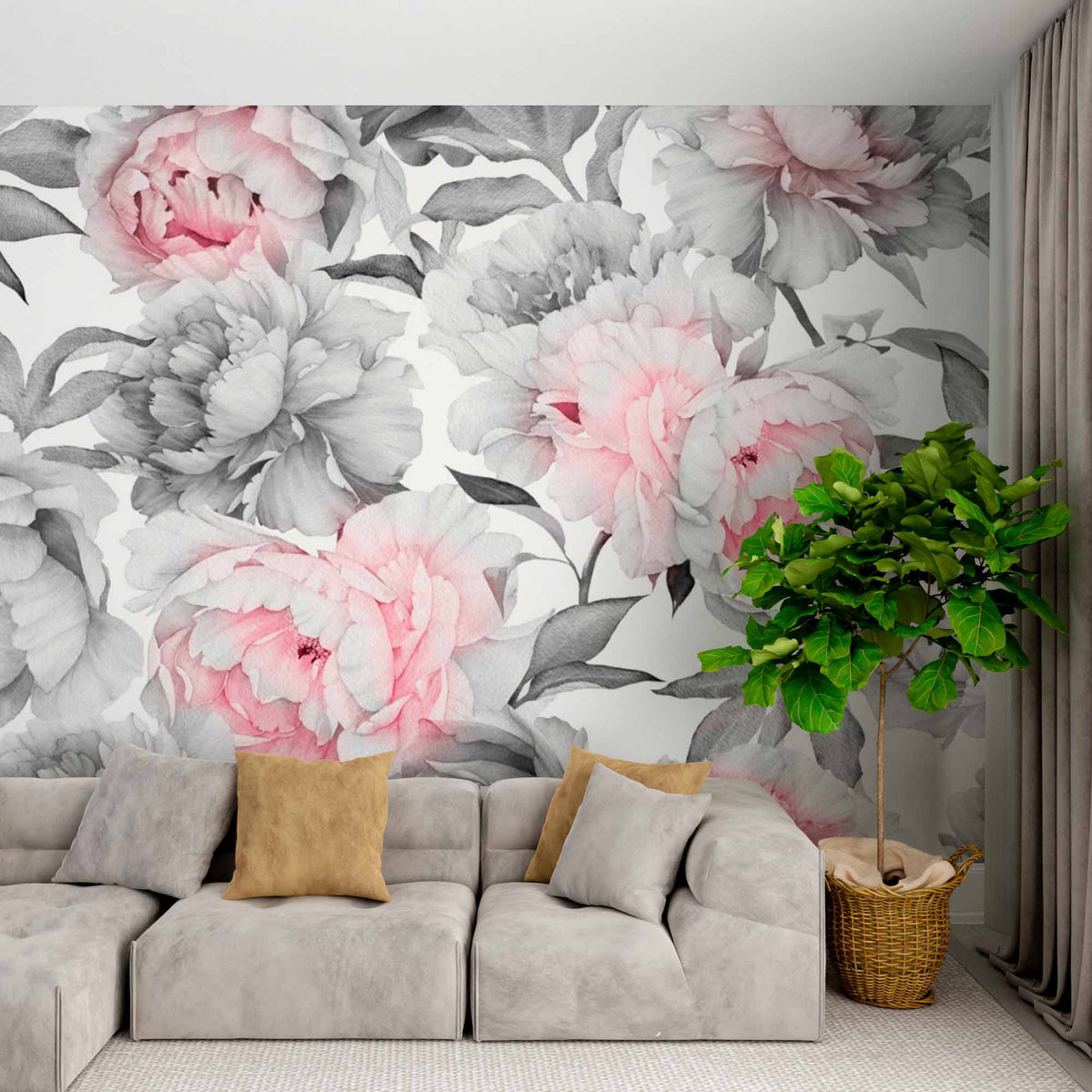 Elegant Peony Mural Wallpaper - Soft Pink and Grey Floral Design