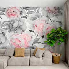 Custom Elegant Peony Mural Wallpaper - Soft Pink and Grey Floral Design