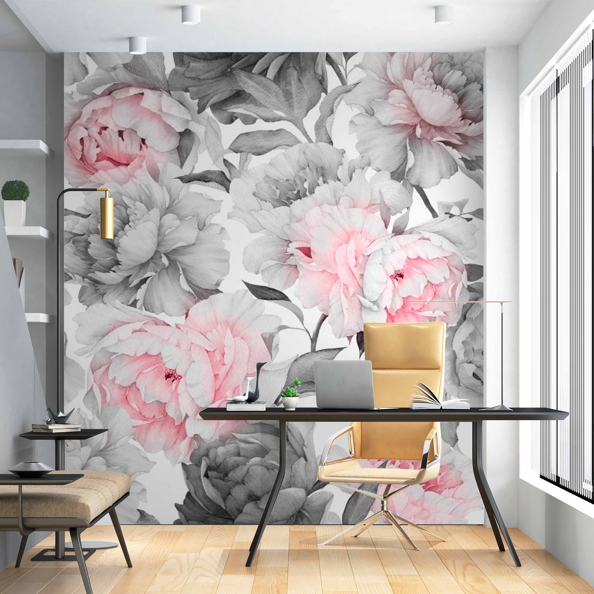 Elegant Peony Mural Wallpaper - Soft Pink and Grey Floral Design