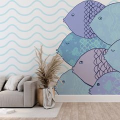 Custom Fish Wall Mural Blue Waves Under the Sea Wallpaper