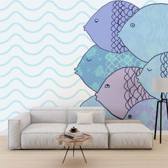 Custom Fish Wall Mural Blue Waves Under the Sea Wallpaper