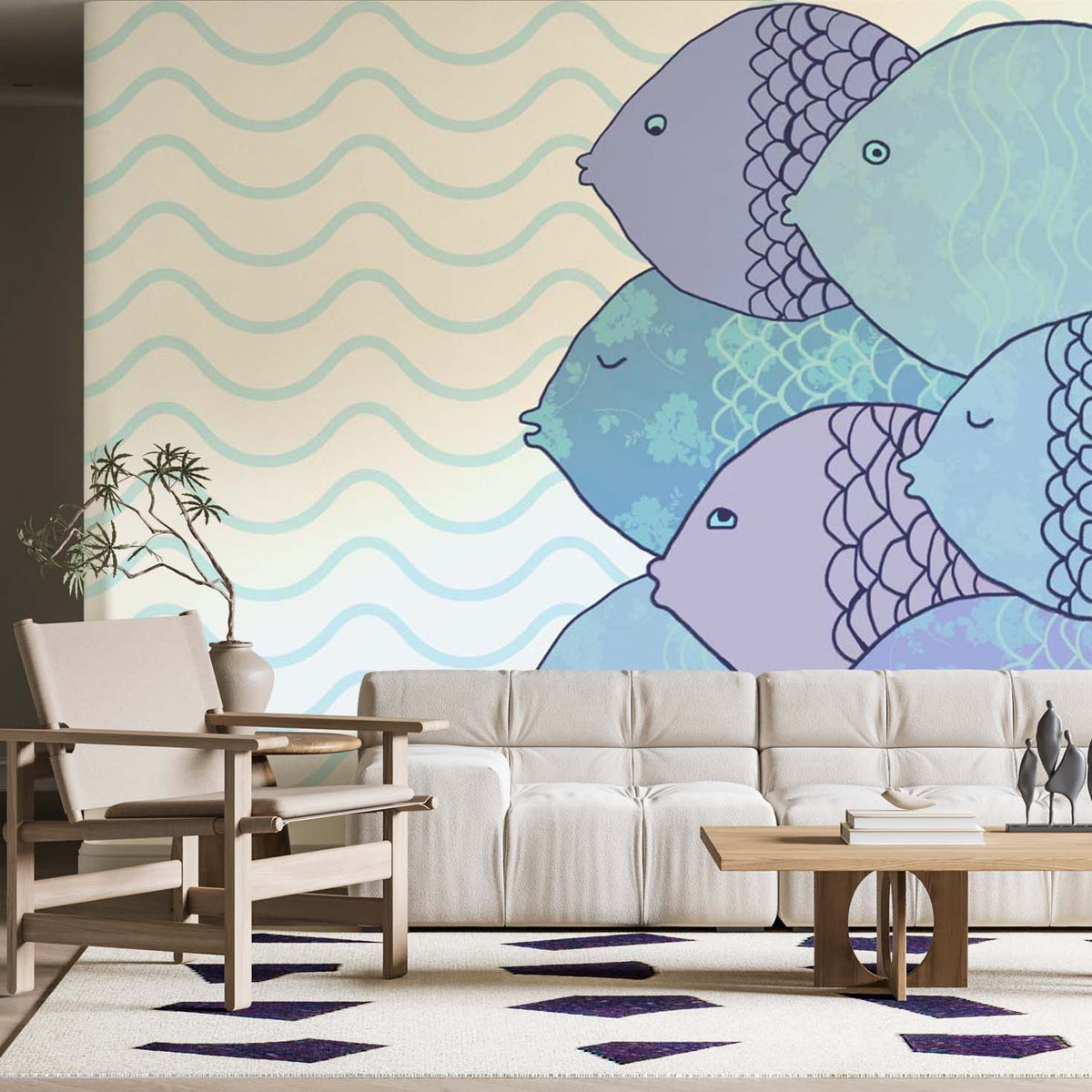 Custom Fish Wall Mural Blue Waves Under the Sea Wallpaper