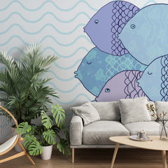 Custom Fish Wall Mural Blue Waves Under the Sea Wallpaper