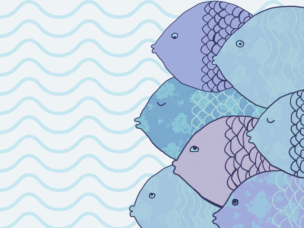 Papier peint gros poissons – Papier peint panoramique scandinave poissons bleus et lilas avec vagues