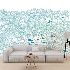 Custom Fish Wall Mural Blue Waves Scandinavian Wallpaper