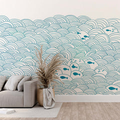 Custom Fish Wall Mural Blue Waves Scandinavian Wallpaper