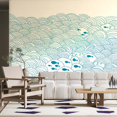 Custom Fish Wall Mural Blue Waves Scandinavian Wallpaper