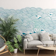 Custom Fish Wall Mural Blue Waves Scandinavian Wallpaper