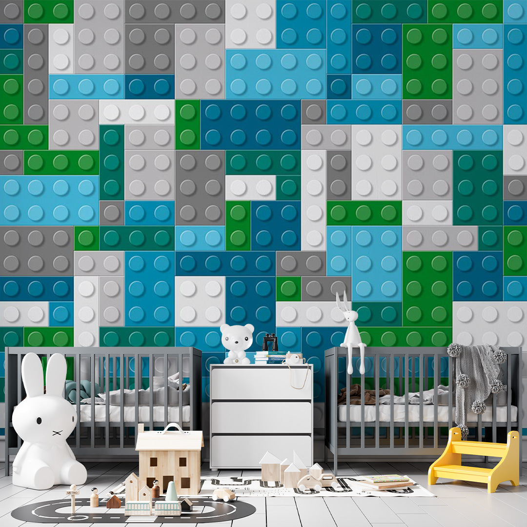 Kids Wall Mural Lego Textures Toy Bricks Blue Green Grey Wallpaper for Kids