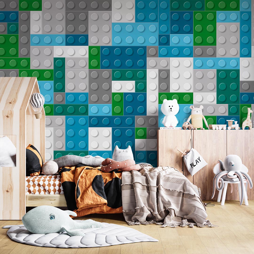 Kids Wall Mural Lego Textures Toy Bricks Blue Green Grey Wallpaper for Kids