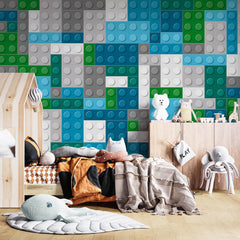 Custom Kids Wall Mural Lego Textures Toy Bricks Blue Green Grey Wallpaper for Kids