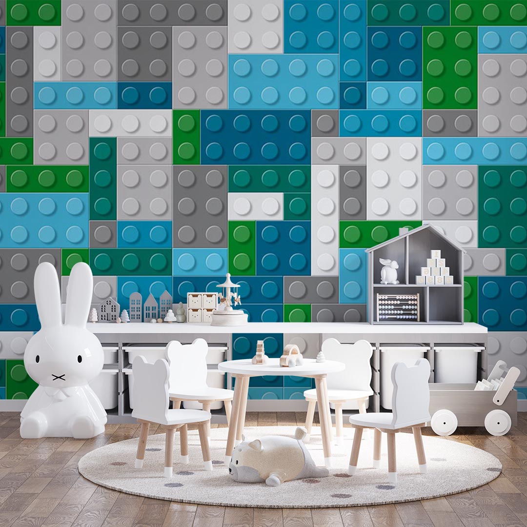 Kids Wall Mural Lego Textures Toy Bricks Blue Green Grey Wallpaper for Kids