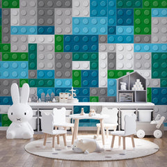 Custom Kids Wall Mural Lego Textures Toy Bricks Blue Green Grey Wallpaper for Kids