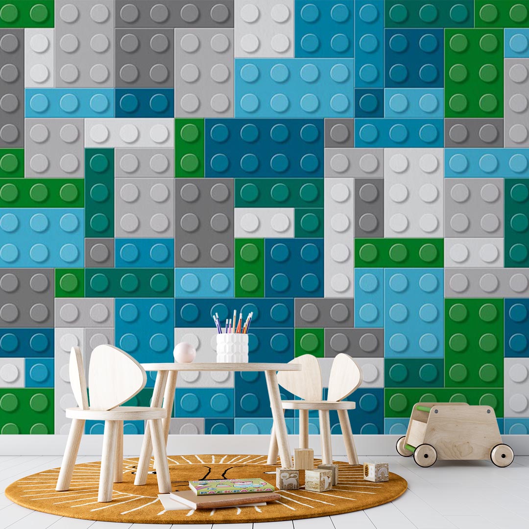 Custom Kids Wall Mural Lego Textures Toy Bricks Blue Green Grey Wallpaper for Kids