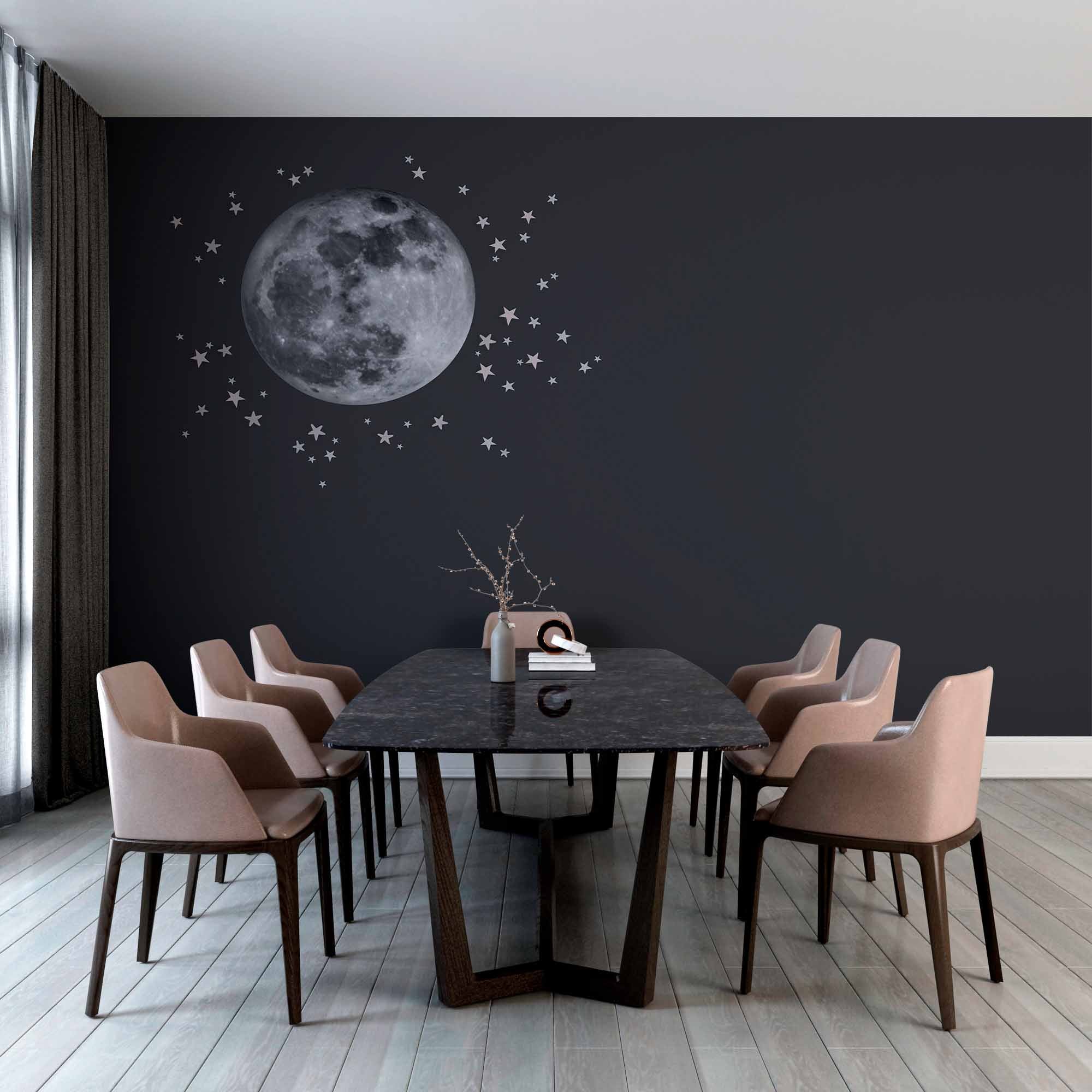 Minimalist Full Moon and Stars Wall Mural Wallpaper - Dark Sky Design