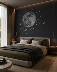Full moon and stars wallpaper in a designer bedroom.