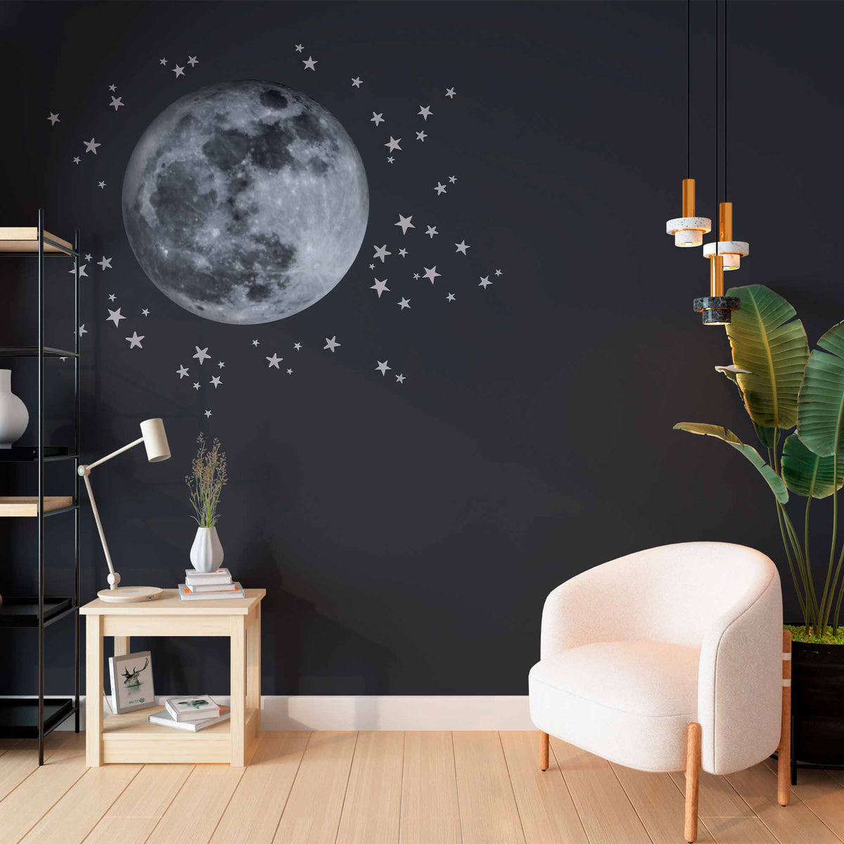 Custom Minimalist Full Moon and Stars Wall Mural Wallpaper - Dark Sky Design