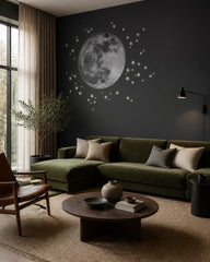 Full moon and stars wallpaper in a designer living room.