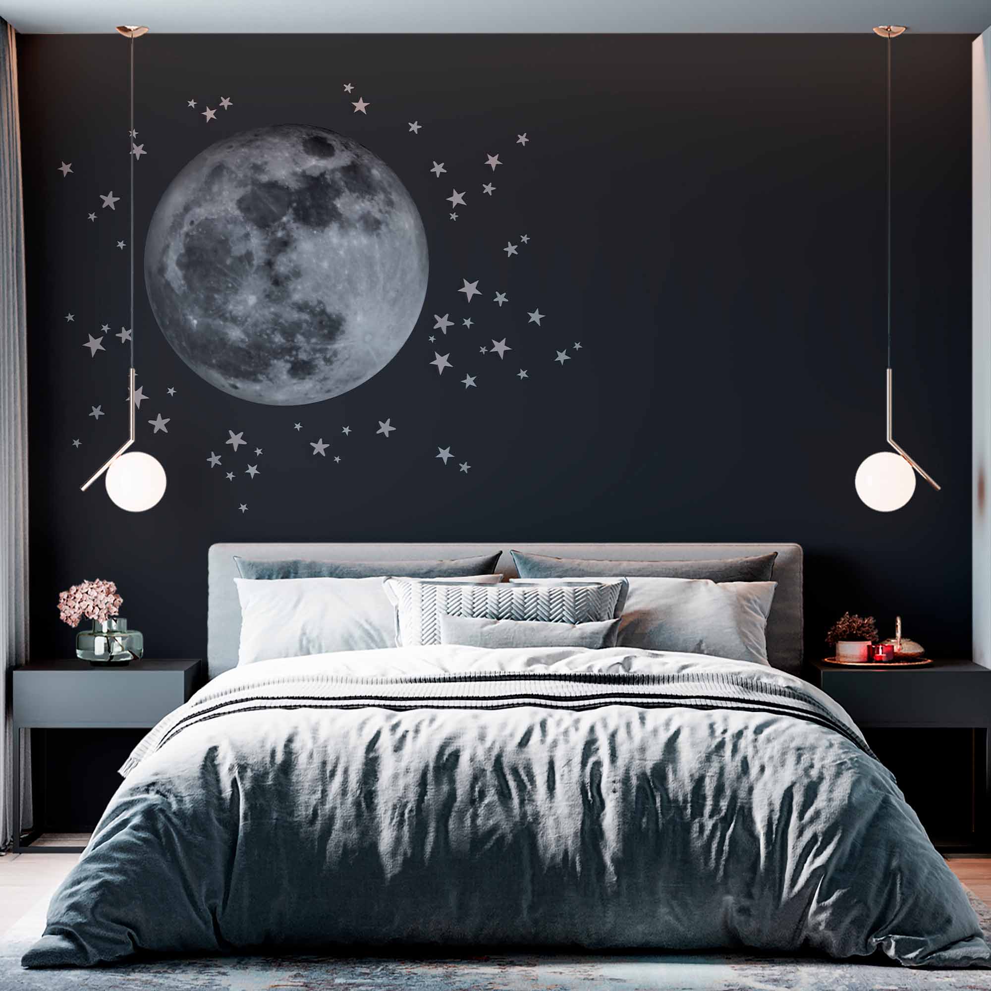 Minimalist Full Moon and Stars Wall Mural Wallpaper - Dark Sky Design