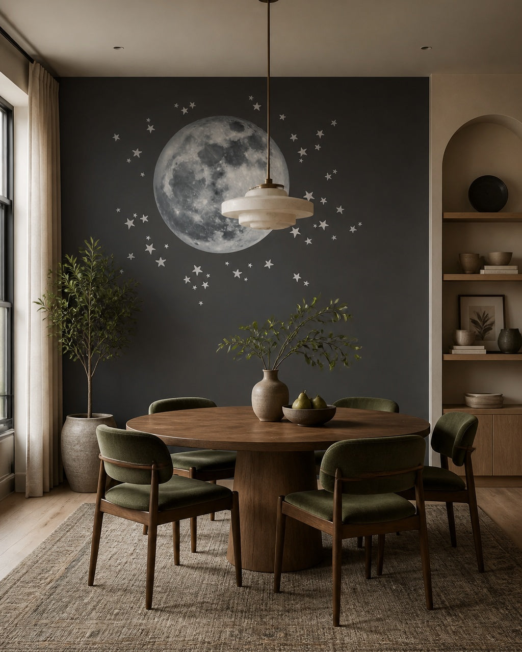 Full moon and stars wallpaper in a refined dining area.