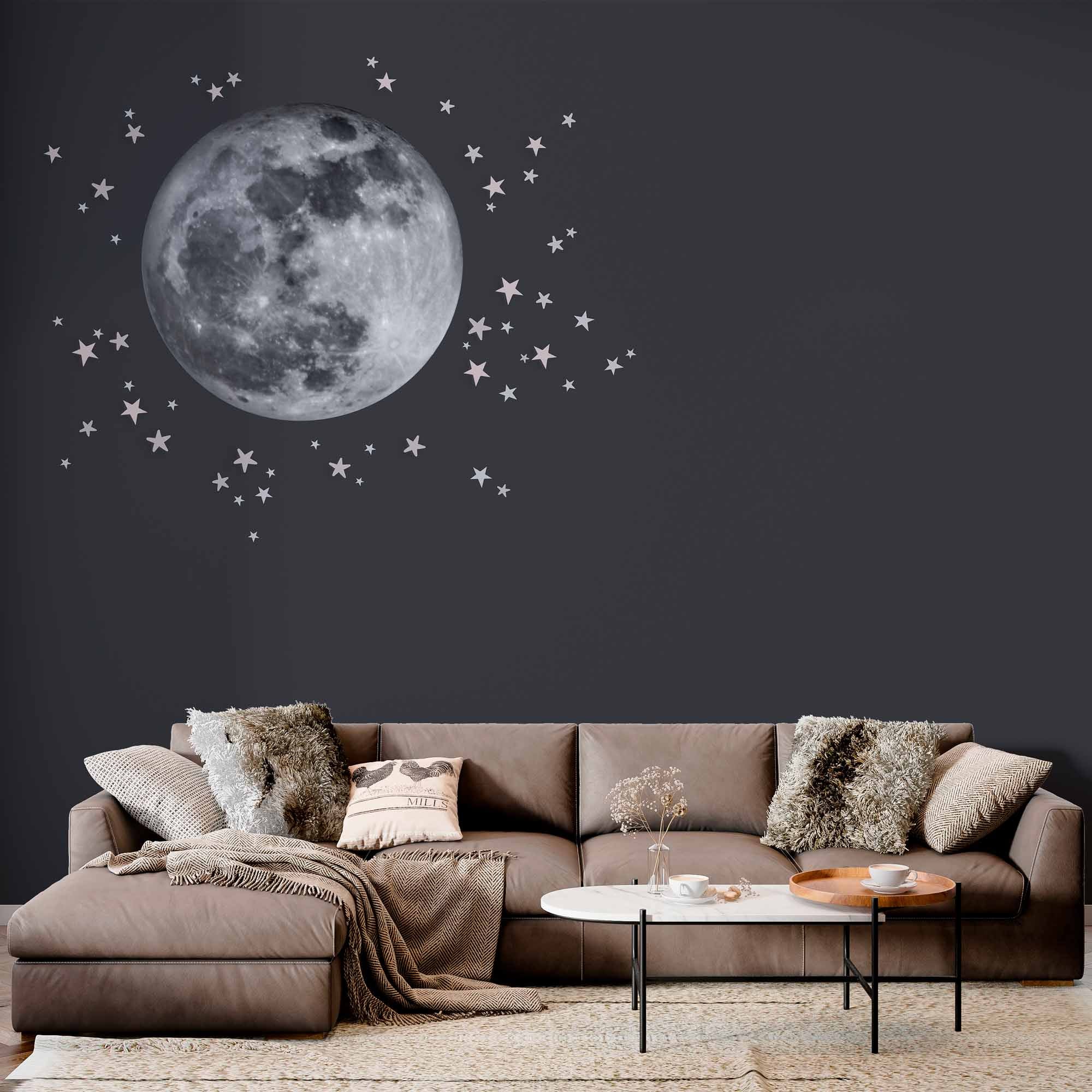 Minimalist Full Moon and Stars Wall Mural Wallpaper - Dark Sky Design