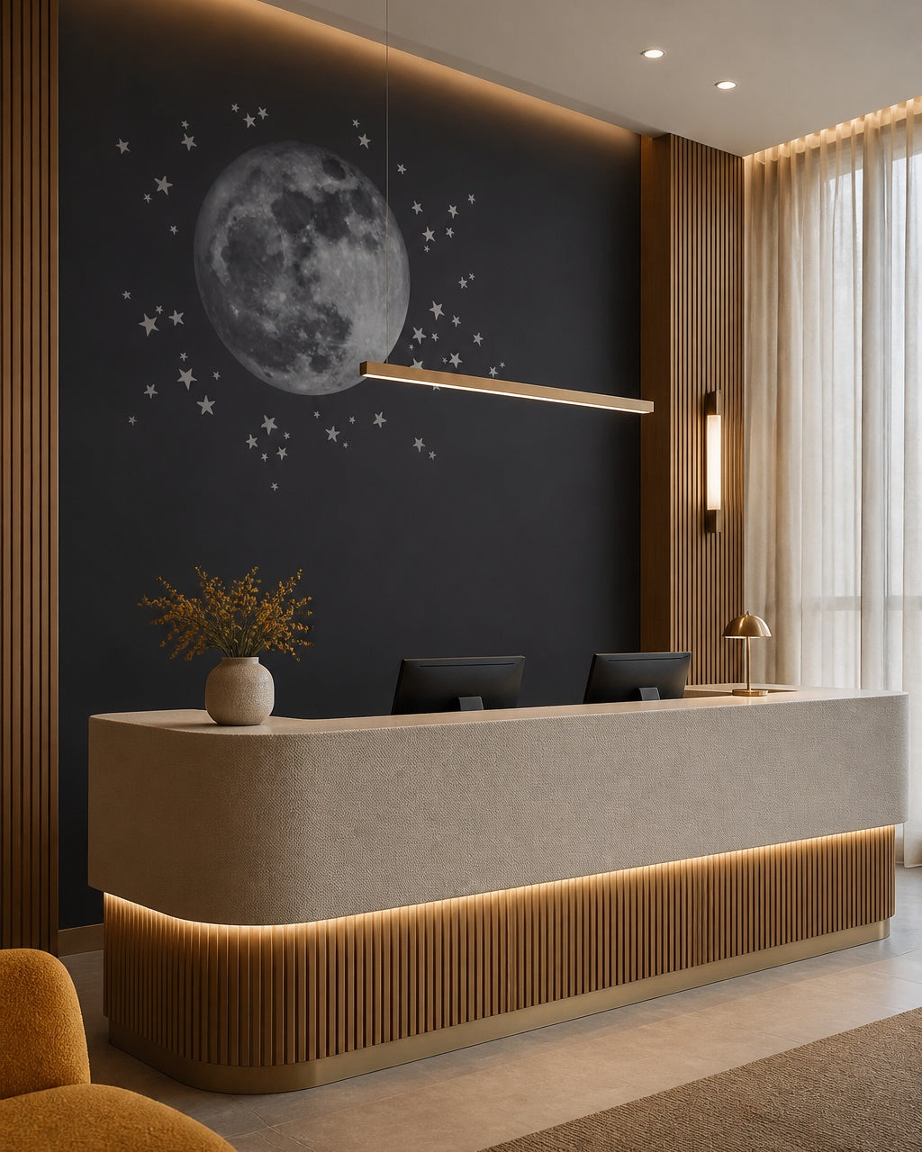 Full moon and stars wallpaper at a hotel reception desk.