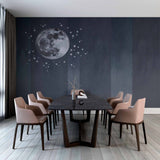 Elegant Full Moon Wall Mural Wallpaper with Stars and Subtle Stripes