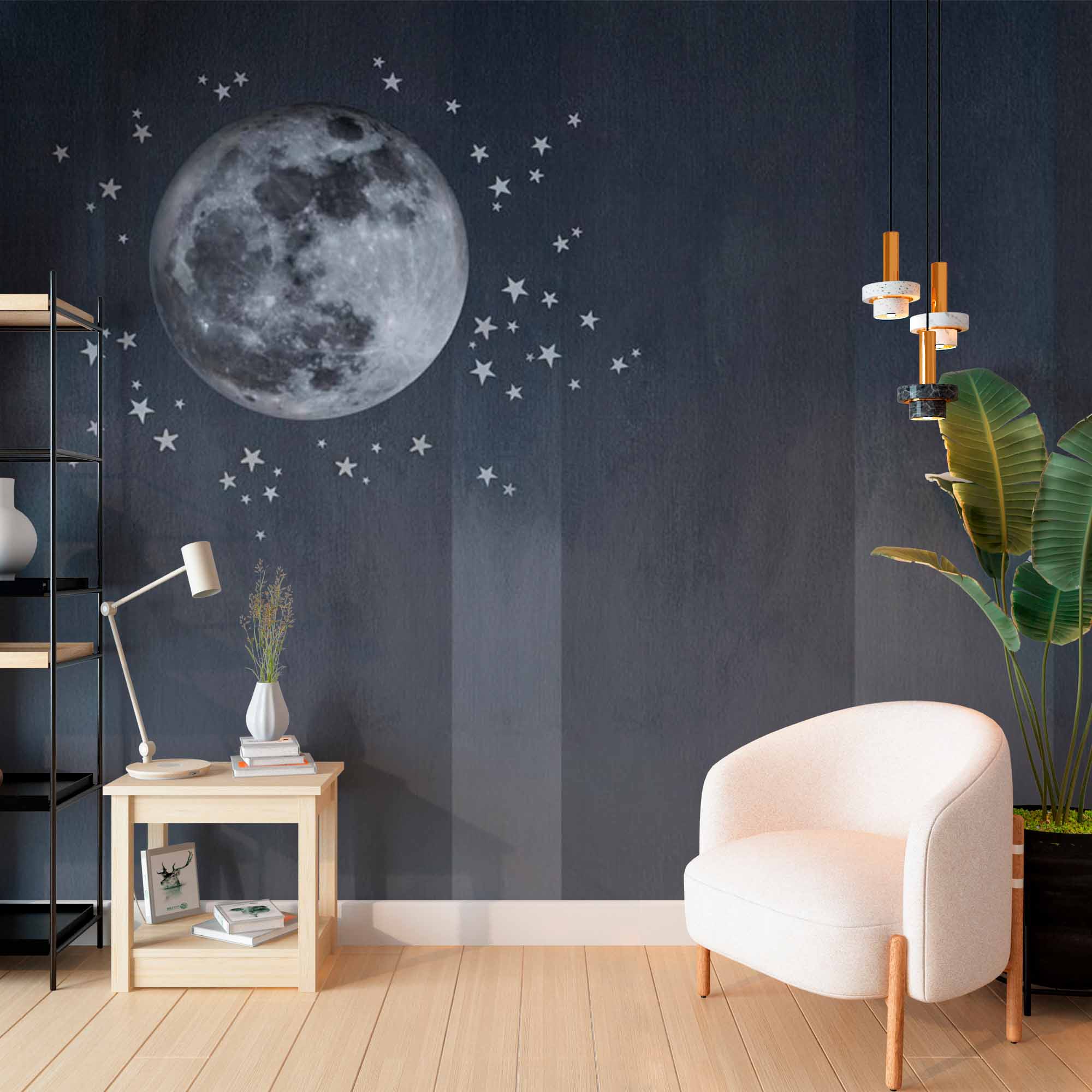 Elegant Full Moon Wall Mural Wallpaper with Stars and Subtle Stripes