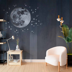 Custom Elegant Full Moon Wall Mural Wallpaper with Stars and Subtle Stripes