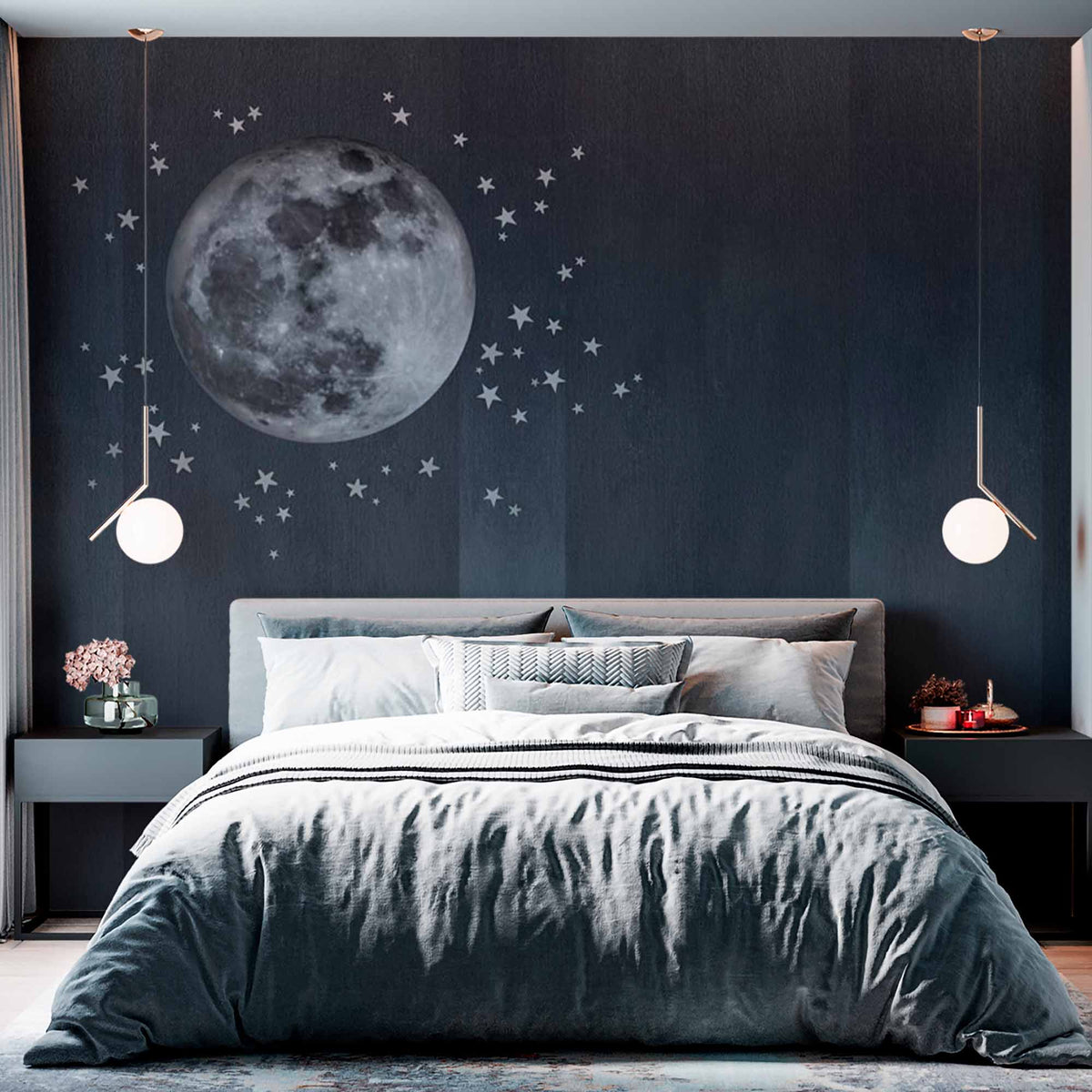 Custom Elegant Full Moon Wall Mural Wallpaper with Stars and Subtle Stripes