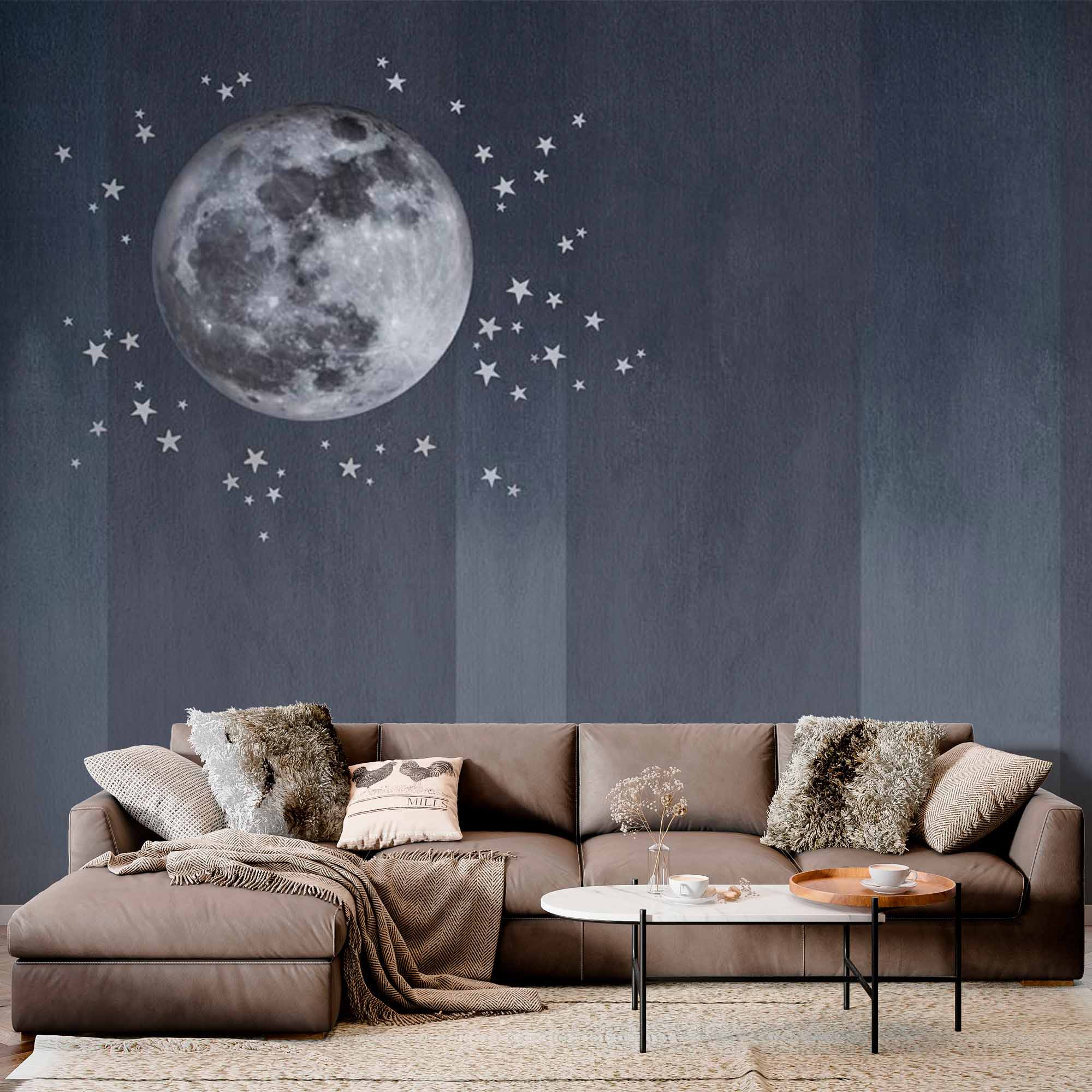 Elegant Full Moon Wall Mural Wallpaper with Stars and Subtle Stripes