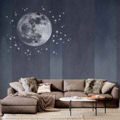 Custom Elegant Full Moon Wall Mural Wallpaper with Stars and Subtle Stripes