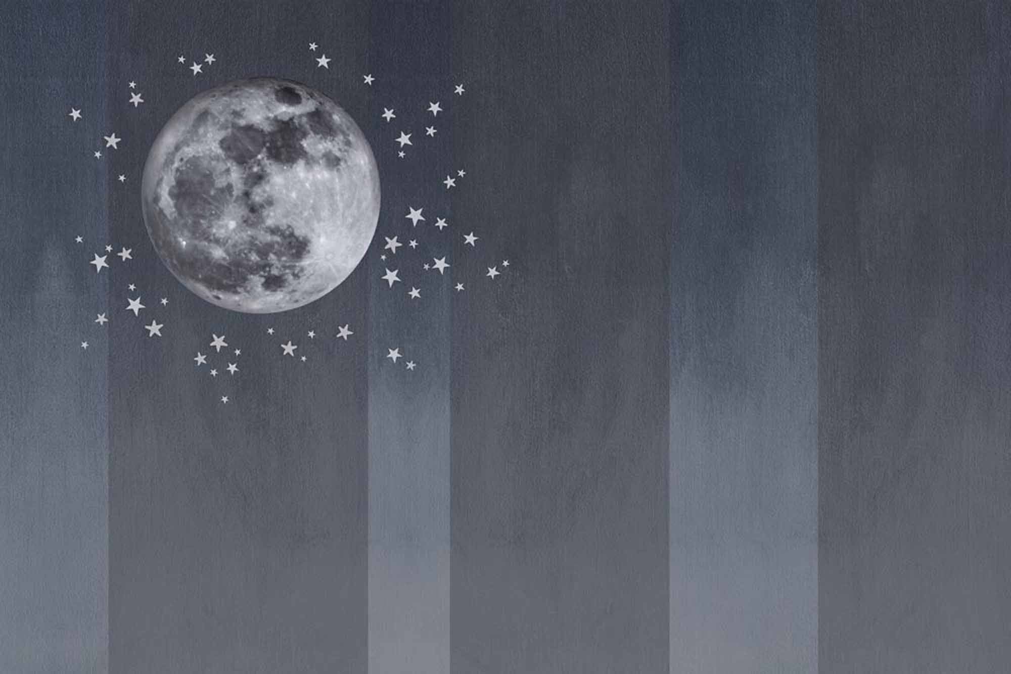 Elegant Full Moon Wall Mural Wallpaper with Stars and Subtle Stripes